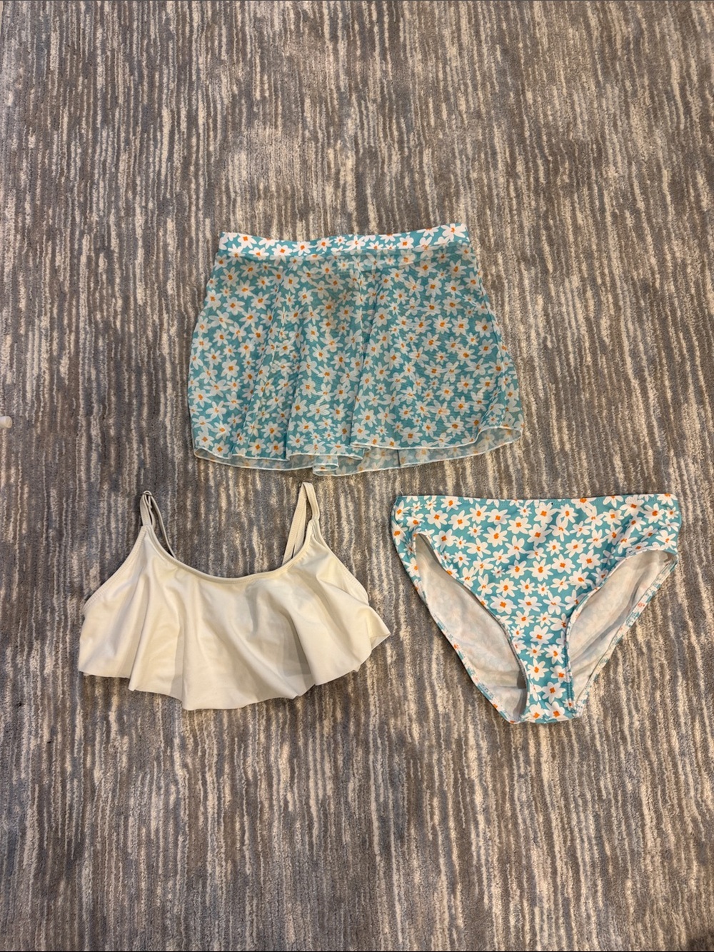 Girls' Aqua Daisy Skirted Bikini Set with White Ruffle Top